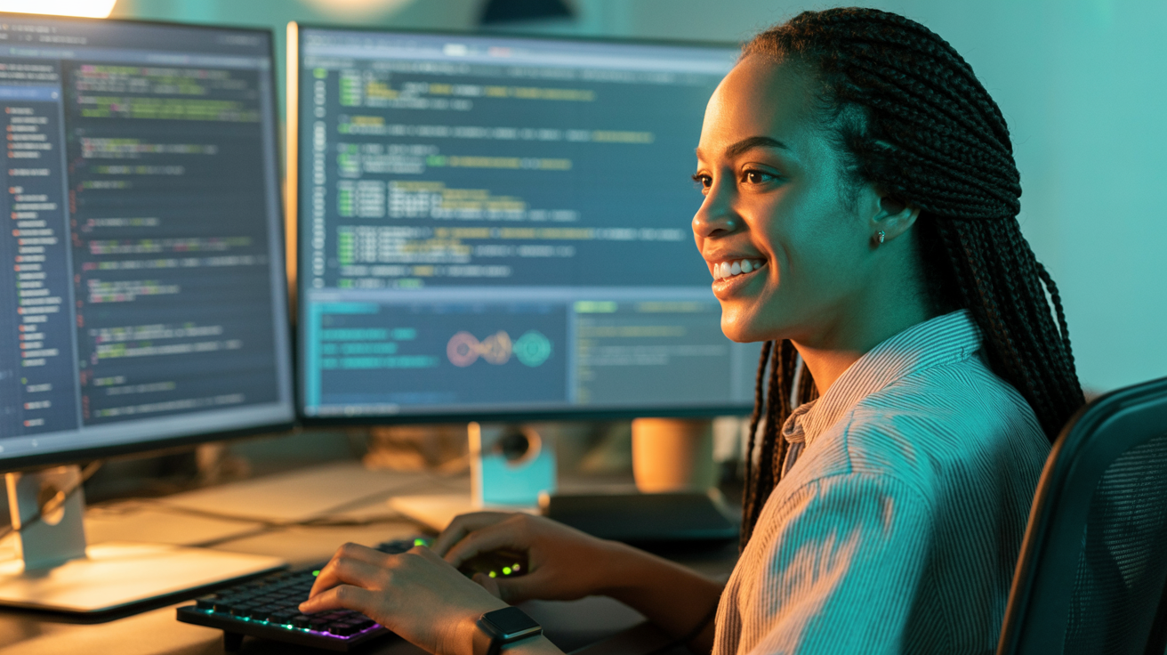 Confident young African woman cybersecurity analyst wearing a headset, ready for her first SOC shift
