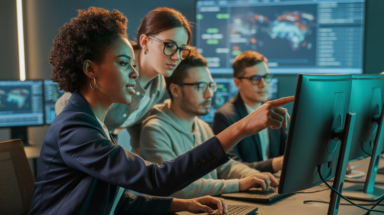 A diverse pan-African team of cybersecurity analysts collaborating in a modern Security Operations Centre